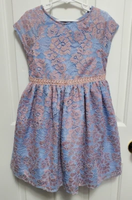Laura Ashley London Girls Party Dress Blue with Pink Sparkly Lace Overlay Sz 6X - Image 1 of 4
