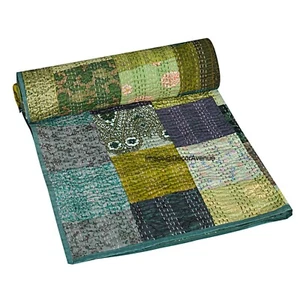 Indian Handmade Silk Patchwork Kantha Quilt Bohemian Bedspread Blanket Throw - Picture 1 of 7