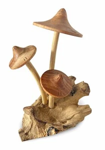 Wooden Parasol Mushroom Toadstool Sculpture Hand Carved Driftwood Root Ornament - Picture 1 of 7