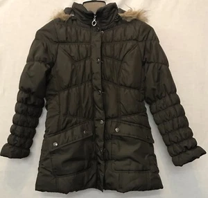 Urban Republic Mid Length Olive Puffer Jacket Snap Button Detachable Hood Size L - Picture 1 of 6