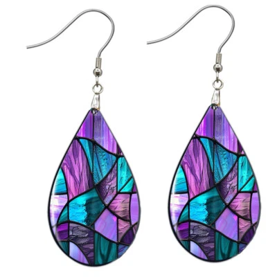 Brincos de vitral falso roxo e azul-petróleo lágrima SEM MANCHA madeira aço inoxidável - Imagem 1 de 4