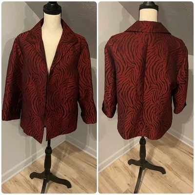 Chico’s Jacquard Open Blazer Size 3 XL Red Black Lined 3/4 Sleeve - Image 1 of 4