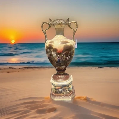 Vintage Large Hand Painted Vase with Gold - Country Farm Scene Inc Base - RARE - Image 1 of 4