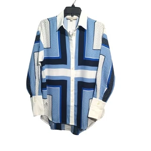LOFT Dotted Wide Cuff Blouse Blue Square Print Size XXS NWT - Foto 1 di 5