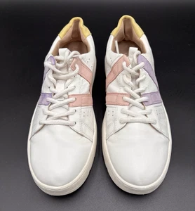 Womens Vionic Simasa  size 8 white leather sneakers/shoes with pink/purple v. - Picture 1 of 8
