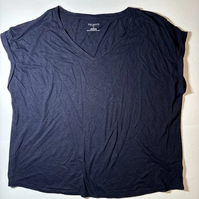 Talbots 女式 3X 码上衣海军蓝亚麻混纺 T 恤短袖全新带标签 — 第 1/4 张图片