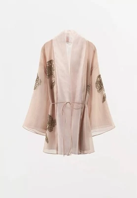ZARA NEW WOMAN SHORT SILK BEADED KIMONO FLORAL BELTED PINK SIZE M-L 2855/004/926 - Image 1 of 4