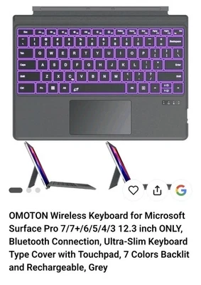 Bluetooth Keyboard for Surface Pro 7/6/5/4/3 – Backlit, Touchpad - Image 1 of 3