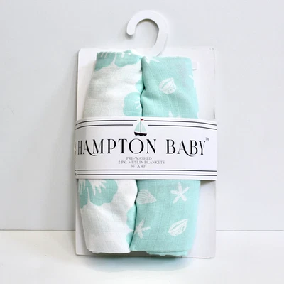 Hampton Baby 2 件装绿色蓝绿色贝壳海星花朵印花薄纱襁褓毯 — 第 1/4 张图片