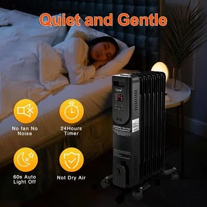 Space Oil Filled Radiator Heater w/ Adjustable Thermostat 24H Timer 3 Modes - Picture 1 of 9