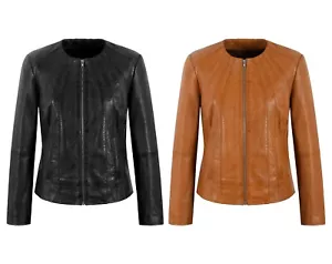 Women's Tan Leather Jacket Biker Collarless Slim Fit Fashion Designer Dua Lipa - Picture 1 of 10