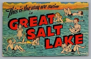 1943 Comic Linen Postcard Bathing Beauties Swimmers Swim in Great Salt Lake Utah - Picture 1 of 2
