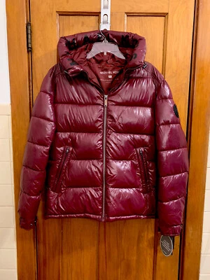 Michael Kors insulated quilted hooded men’s puffer jacket shiny merlot NWT sz M - Image 1 of 4