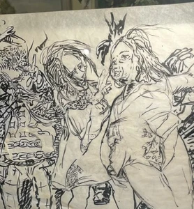 Vintage Drawing 3 Women Black Pen Magic Marker on Paper Lots of Detail 12 X 14” - Picture 1 of 10