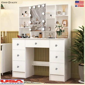 Vanity Desk Set with 10 LED Lighted Mirror and 7 Drawers, Makeup Vanity Table - Picture 1 of 10