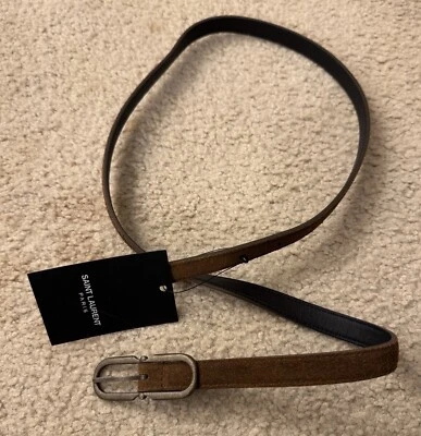 Nuevo con etiquetas Cinturón para mujer Saint Lauren marrón caqui gamuza cuero hebilla plateada 85 Foto 1 de 4