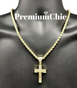 ICED Jesus Cross Pendant Necklace Choker with Rope Chain Mens Plated CZ Jewelry - Picture 1 of 10