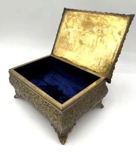 Antique Ornate Brass Gold Trinket Jewelry Casket Footed Floral Box Blue Velvet - Picture 1 of 16