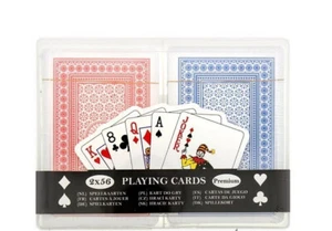 Set 2x 56 carte da gioco carte da poker Romme Skat - blu e rosso - mazzi nuove incl. Custodia - Foto 1 di 3