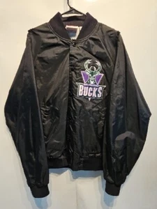 Vintage Milwaukee Bucks NBA Basketball Snap Varsity Jacket Coat Mens Large Black - Picture 1 of 10