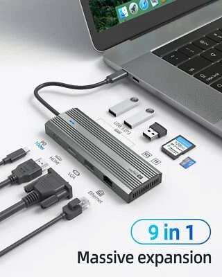 Hub 9 en 1 Laptop Dock Station Tipo C HDMI 4K TF VGA RJ45 PD 100W USB 3.0 Adaptador Foto 1 de 4
