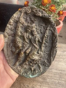 1800’s Antique Cast Bronze Hindu God Krishna Radha Figure Plaque Plate Rare - Picture 1 of 9