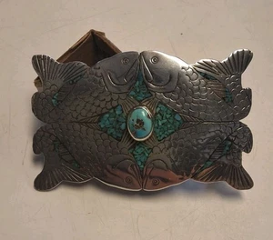 Hebilla de cinturón turquesa de plata esterlina Koi Fish fabricantes de CND marca en el reverso - Imagen 1 de 4