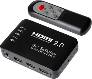 Maplin HDMI 2.0 Switch 5 in 1 Out, Aluminium 4K@60Hz Ultra HD Switcher mit Remo - Bild 1 von 9