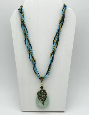 Seed Bead Twisted Rope Necklace Gold Tone Rhinestone Floral "Faux" Stone Pendant - Image 1 of 4