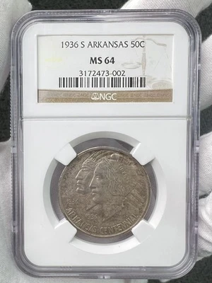 1936-S Arkansas Centennial Commemorative 50C Half Dollar NGC MS64 Silver Coin - Image 1 of 4