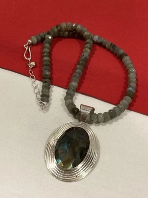 Colgante y collar de cuentas de piedra labradorita de plata esterlina 925 DTR JAY KING 18" Foto 1 de 4