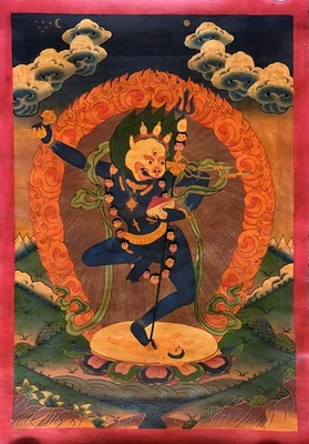 SIMHAMUKHI CARA DE LEÓN YOGINI ORIGINAL PINTURA THANGKA TIBETANA BARNIZADA AL ÓLEO Foto 1 de 4