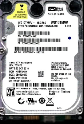WD10TMVV-11BG7S0 S/N: WXK1A DCM: HBBV2HBN WESTERN DIGITAL 1TB THAILAND OCT 2010 - Image 1 of 2