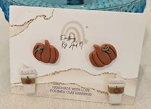Fall Pumpkins And Latte Clay Handmade Stud Earrings NEW!! - Picture 1 of 1