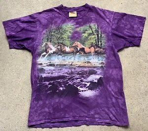 Vtg Y2K The Mountain Wild Horses T Shirt Tie Dyed Acid Washed Purple Art Large - Picture 1 of 4