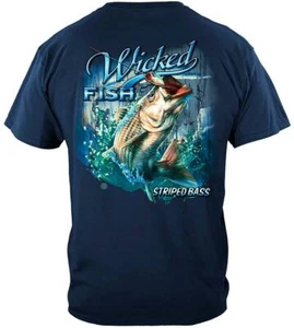 Striped Bass With Popper Air Born Fishing 100% Cotton Indigo Blue T-Shirt - Picture 1 of 3
