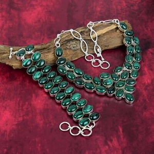 Malachite Gemstone Handmade 925 Sterling Silver Necklace & Bracelet Jewelry Set - Picture 1 of 7