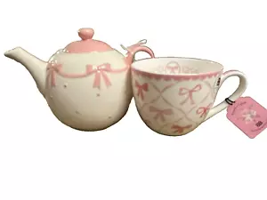 Pink Bow Teapot & Cup Bluebird And Willow Co UK Designed England Stoneware - Picture 1 of 10