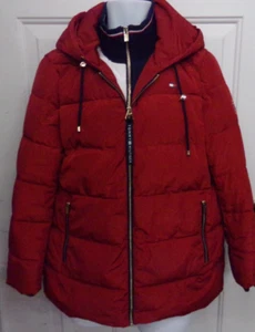 Mens Size Large Tommy Hilfiger Red Hooded Puffer Jacket 100% Polyester Coat - Picture 1 of 5