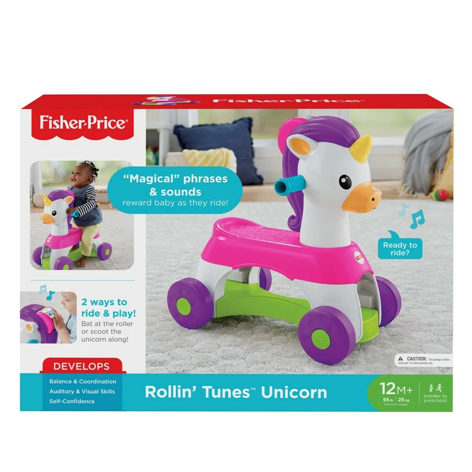 Fisher-Price Rollin' Tunes Unicornio Niño Pequeño Montar con Frases y Sonidos Musicales NUEVO Foto 1 de 4