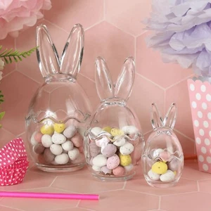 Easter Bunny Sweets Jars Set Of 3 Clear Glass Candy Holders Rabbit Ears - Picture 1 of 6