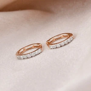 Real SI/H Pave Diamond Hoop Huggie Earrings 18k Rose Gold Birthday Gift 0.15 Ct - Picture 1 of 9