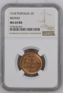 Portugal: full RED GEM BU 2 centavos 1918 NGC MS64RD - Picture 1 of 2