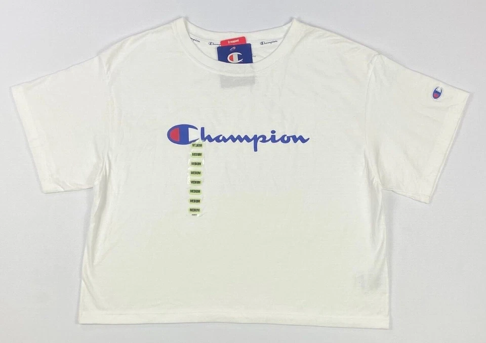 Champion Women's White Logo Crewneck Short-Sleeve Cropped Top Shirt Size M