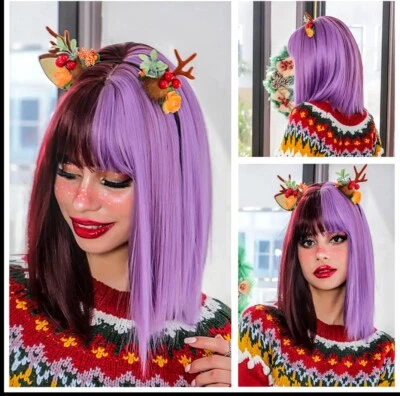 🇺🇲ENVÍO A EE. UU.💜 Peluca mitad púrpura oscuro/medio púrpura claro flequillos pantalla recta 💘 Foto 1 de 2