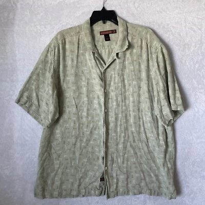 Bullock & Jones Mens Hawiian Shirt Olive Green Geometric XL Silk Short Sleeve - Image 1 of 4