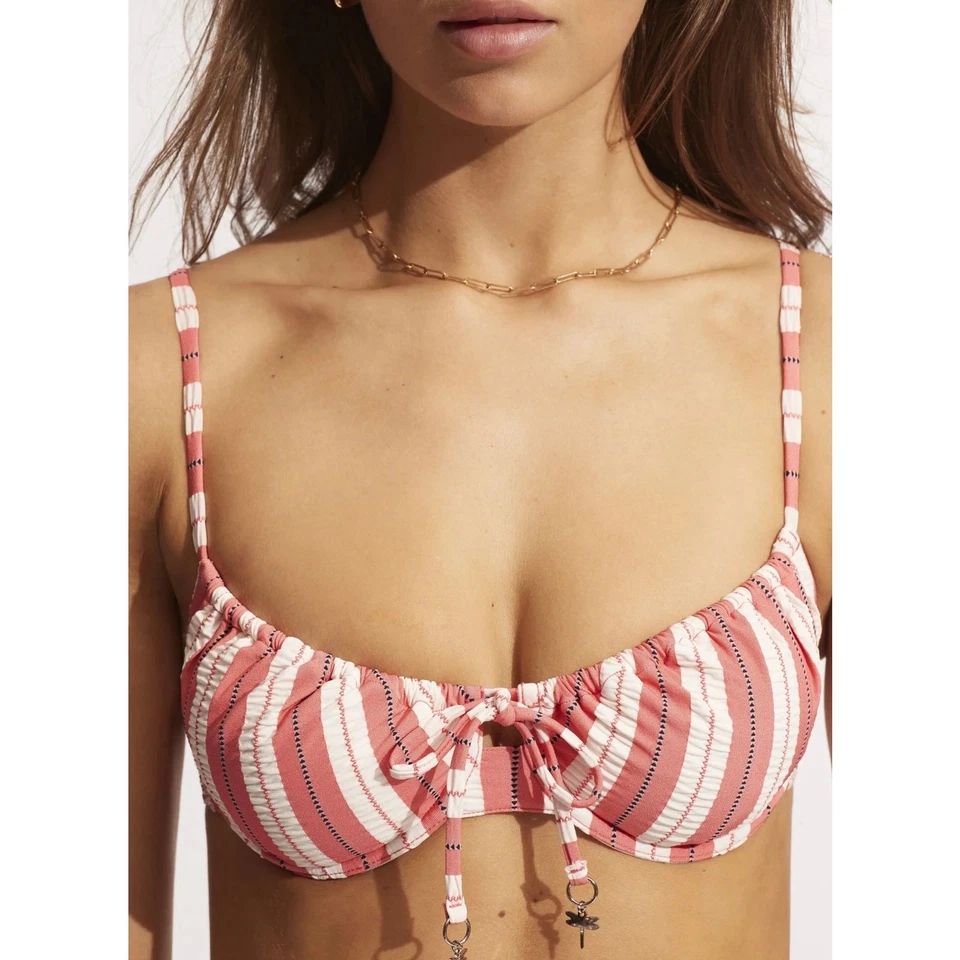 Sujetador con aros SEAFOLLY Top de bikini para mujer 6 rayas cabaña suave rojo blanco lazo NUEVO Foto 1 de 4