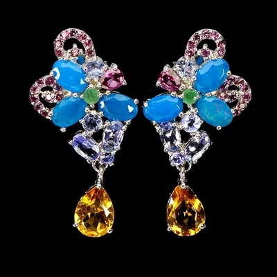 925 Sterling Silver Earrings Pear Citrine Opal Emerald Garnet Tanzanite Gemstone - Image 1 of 4