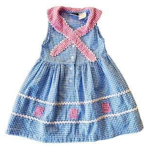 Vintage Girls on the Go Gingham Sundress 4 Tulip Embroidery Cottagecore Picnic - Picture 1 of 7
