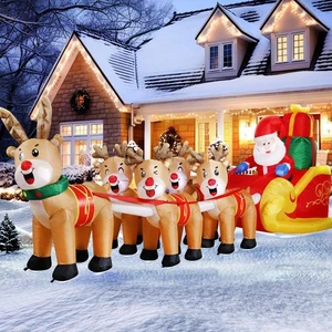 Papá Noel inflable navideño de 12 pies en trineo con cinco renos, golpe gigante - Imagen 1 de 6